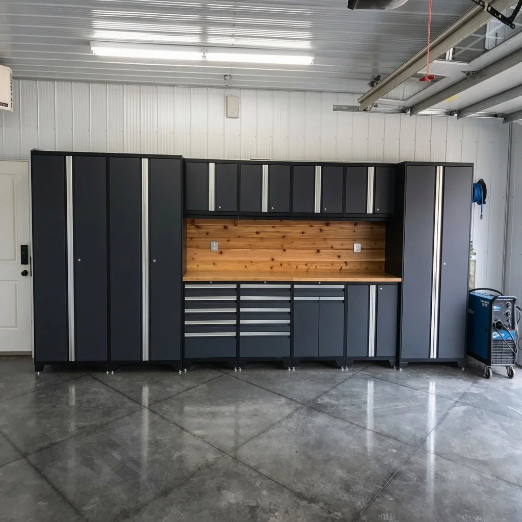 Custom home garage interior with dark storage cabinets and polished concrete floor
