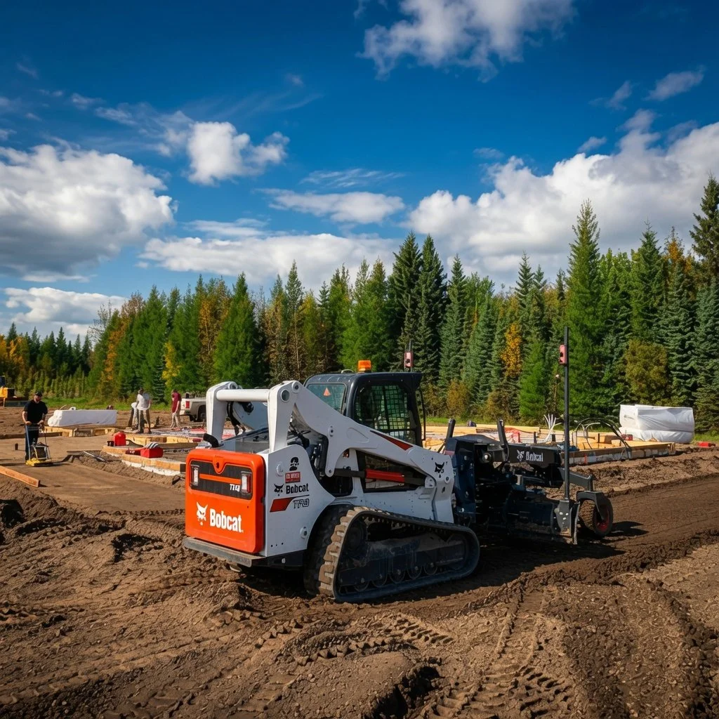 Custom home construction site with skid-steer grading the lot