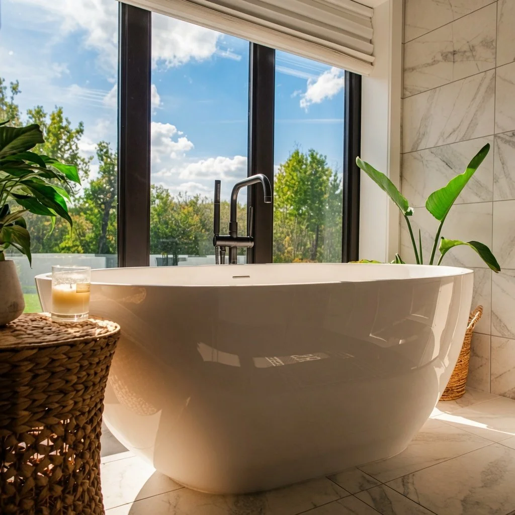 Custom home ensuite with freestanding tub, marble wall and forest-view windows