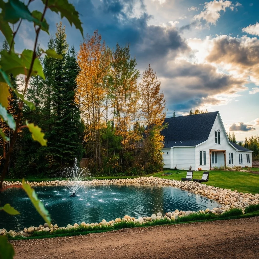 Custom home exterior with landscaped backyard pond and fountain in autumn