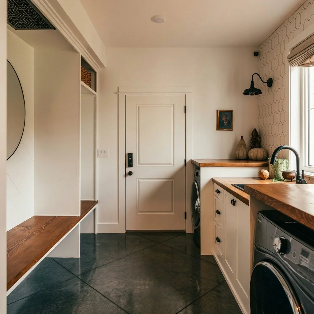 Custom home mudroom with built-in lockers and cabinetry
