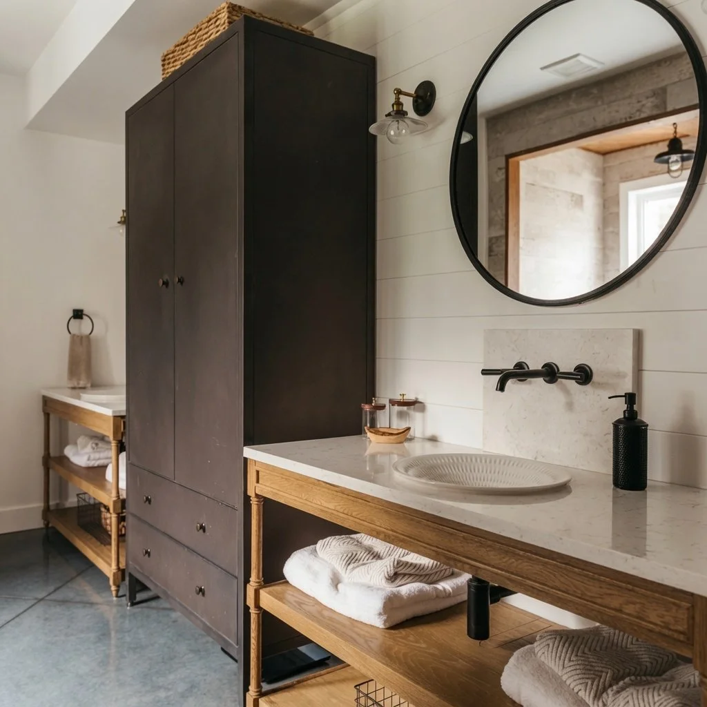 Custom home bathroom with double vanity, round mirrors and dark cabinetry