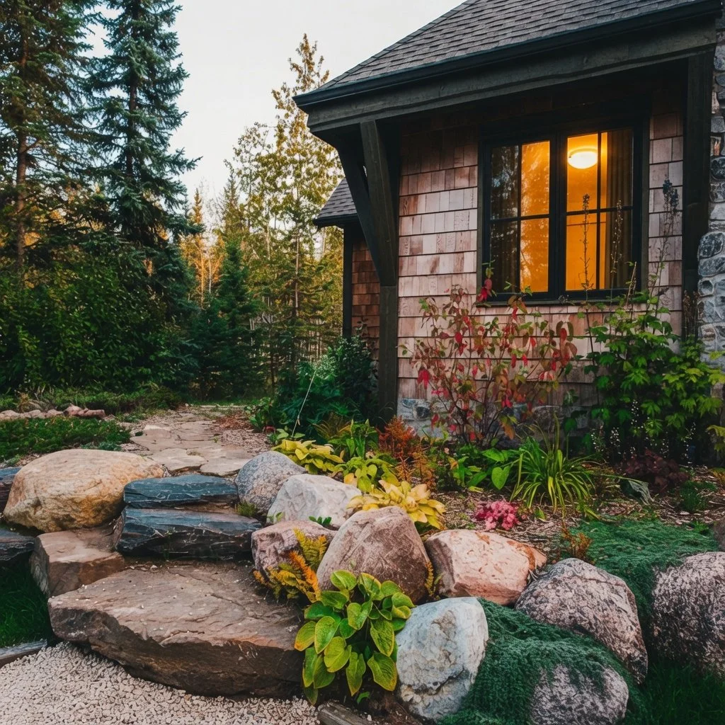 Custom home stone steps and boulder landscaping beside the house