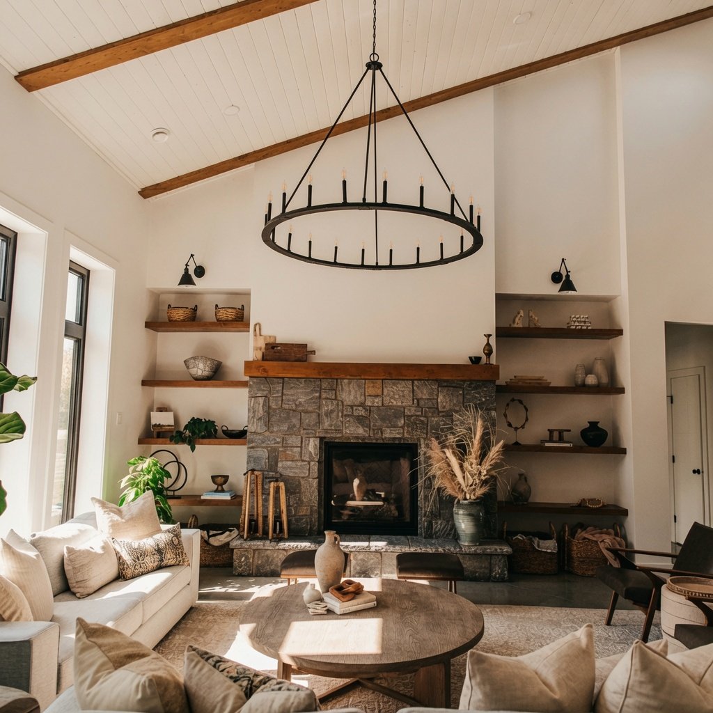 Custom home great room with shiplap walls, stone fireplace and round chandelier