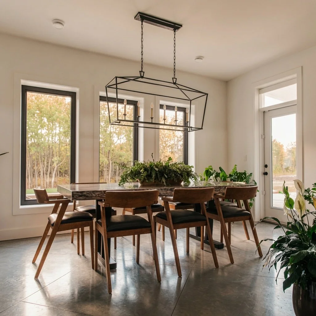 Custom home dining area with wood table, linear chandelier and large windows