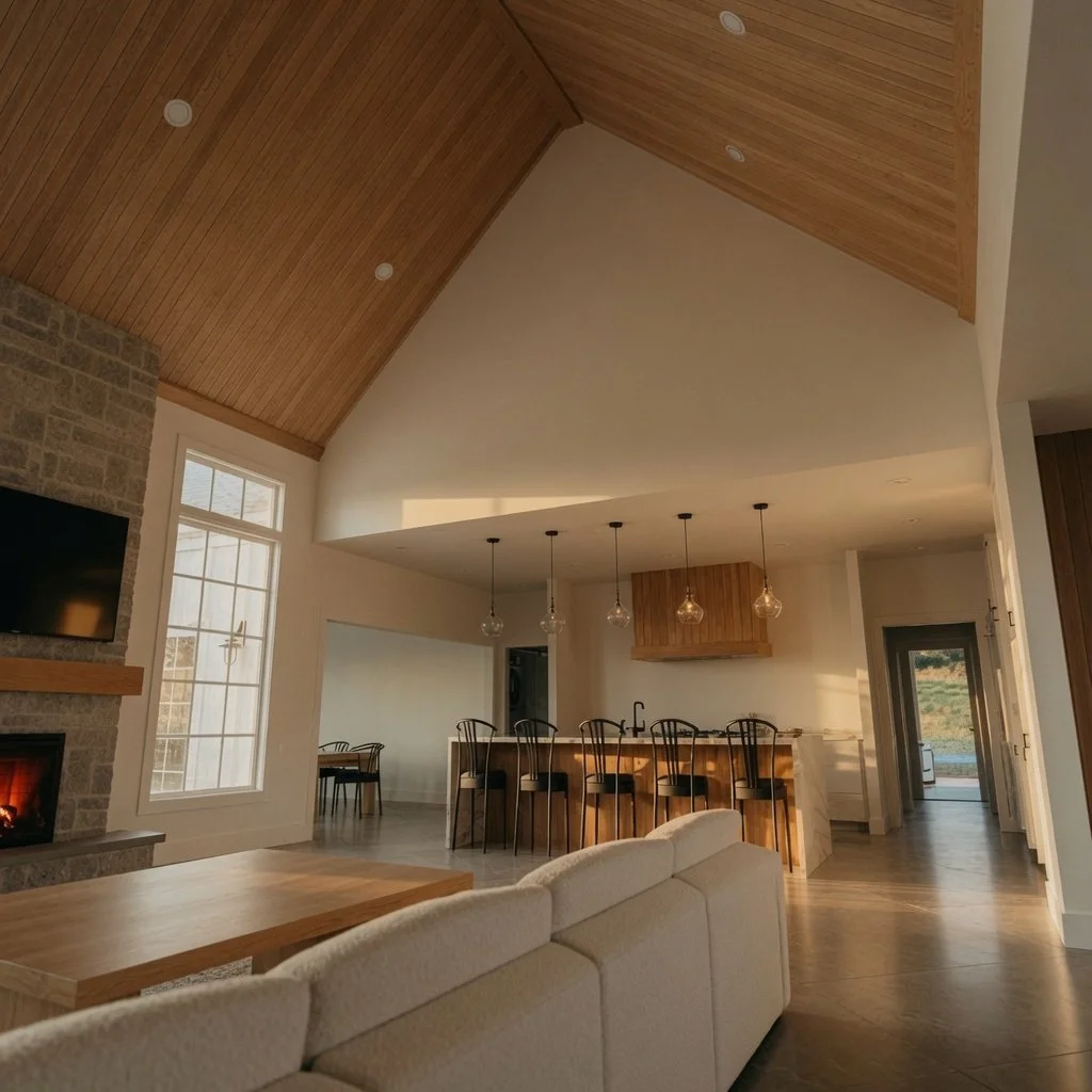 This stunning open-concept great room features soaring vaulted wood ceilings and a cozy stone fireplace. The spacious kitchen island with stylish pendant lights creates the perfect bright gathering space.
Visit www.blackrockhomes.ca to start designin