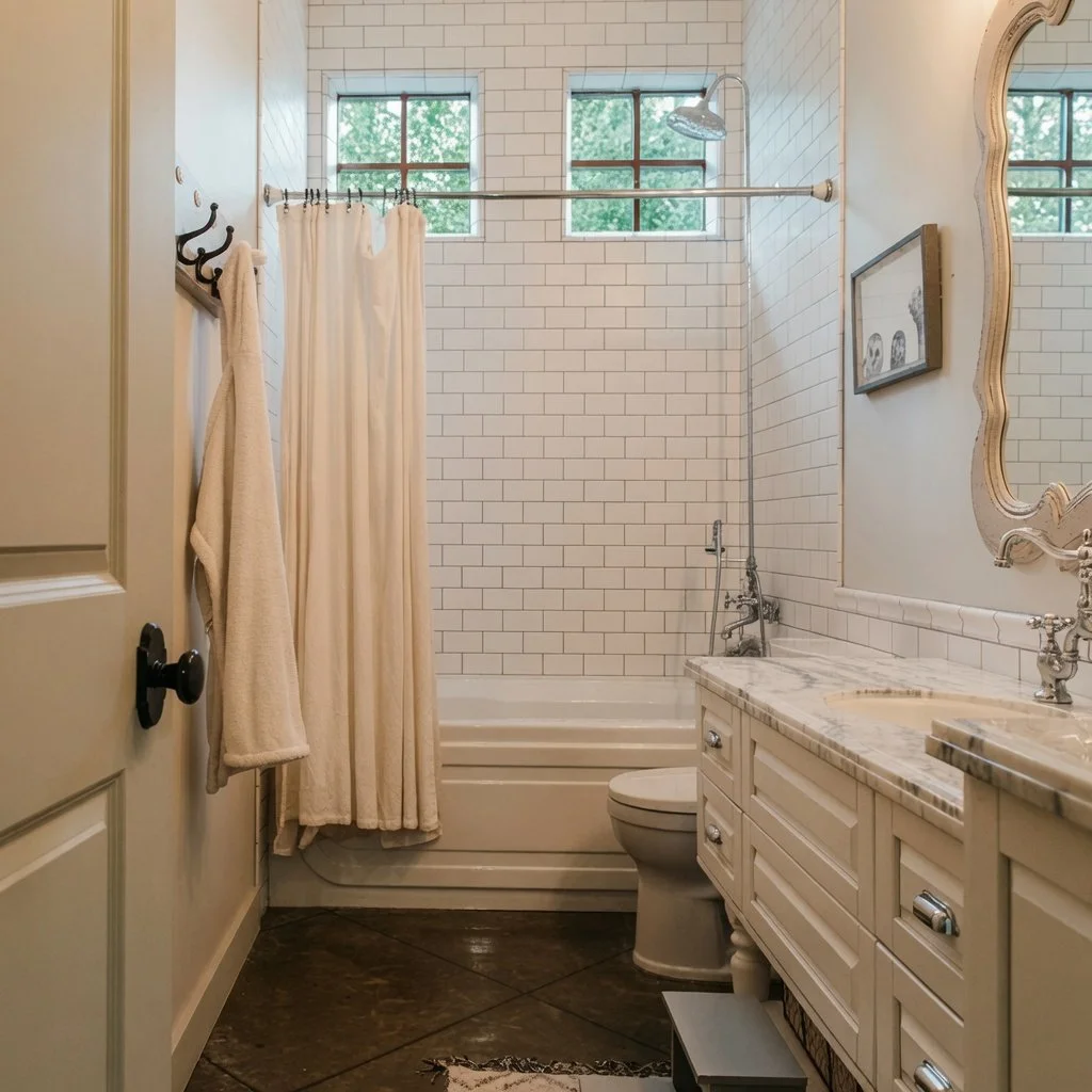 Custom home bathroom with subway tile tub surround and marble vanity