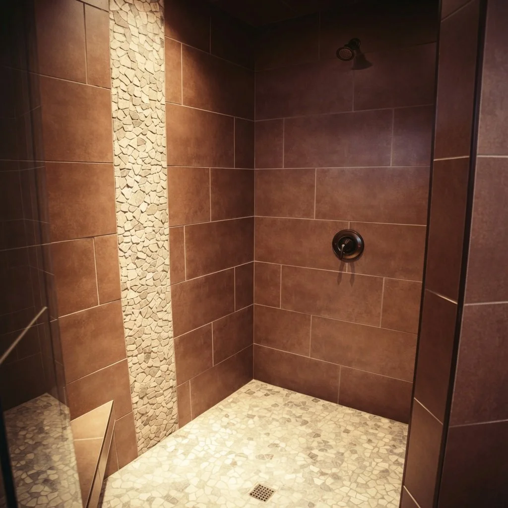 Custom home tiled walk-in shower with pebble floor and bench