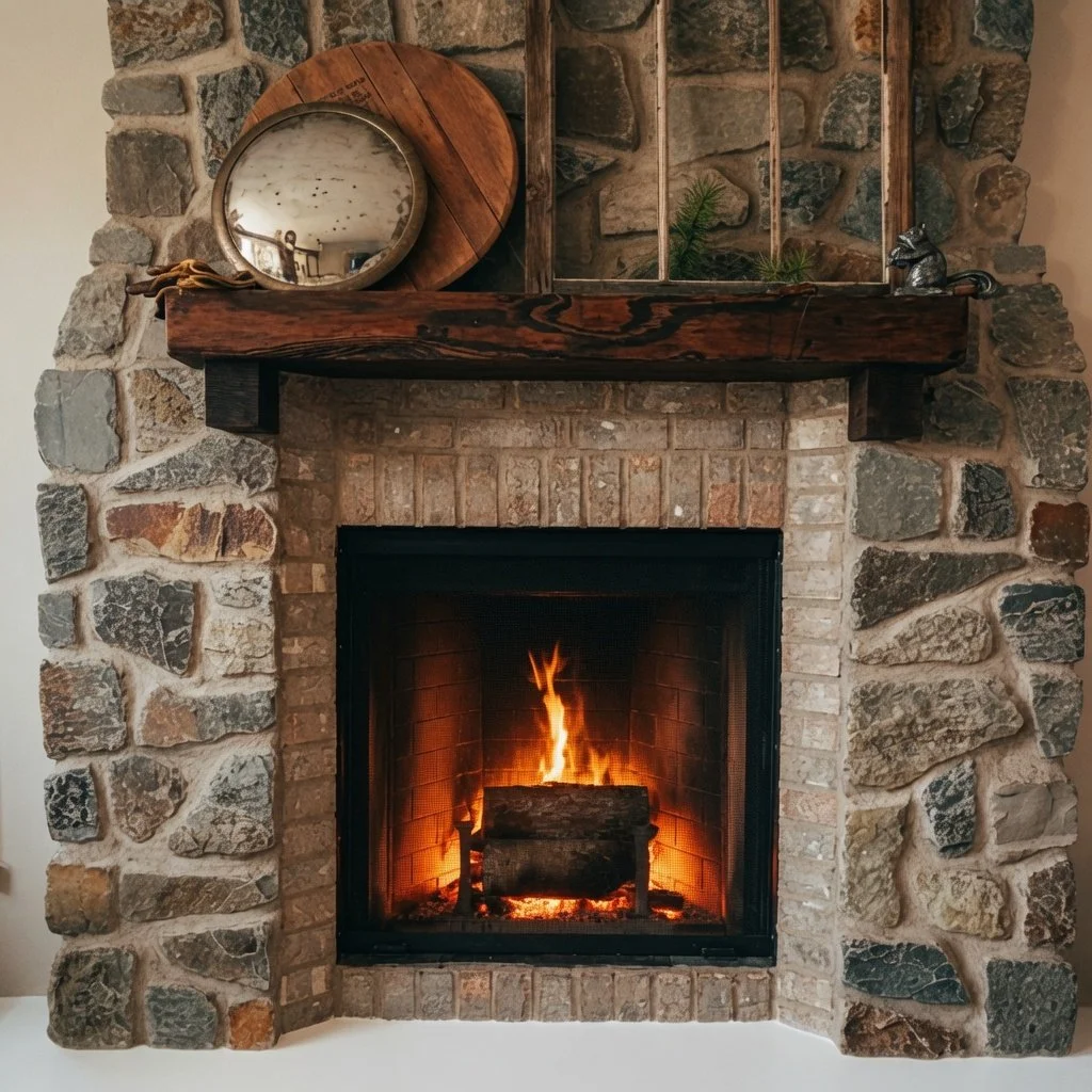 Custom home stone fireplace detail with reclaimed wood mantel and lit fire