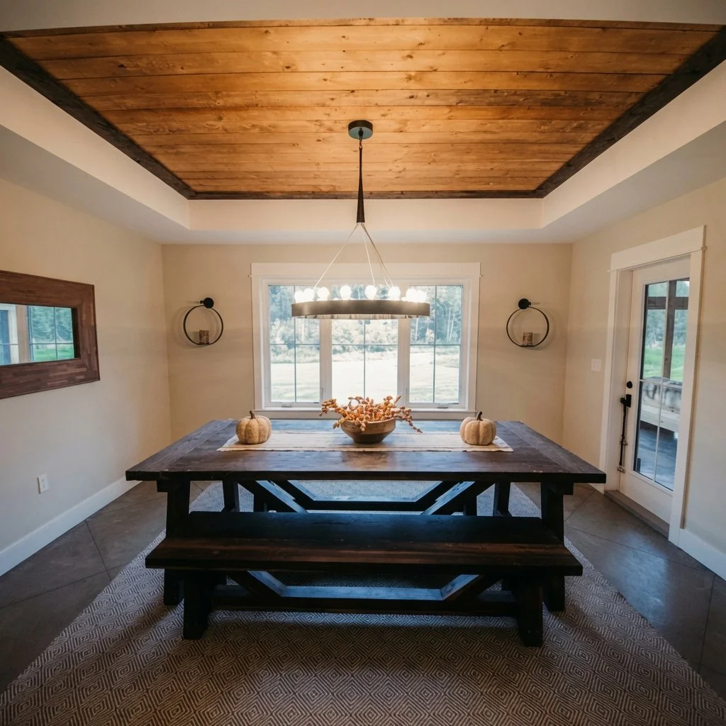 Custom home farmhouse dining room with long wood table, bench seating and plank ceiling