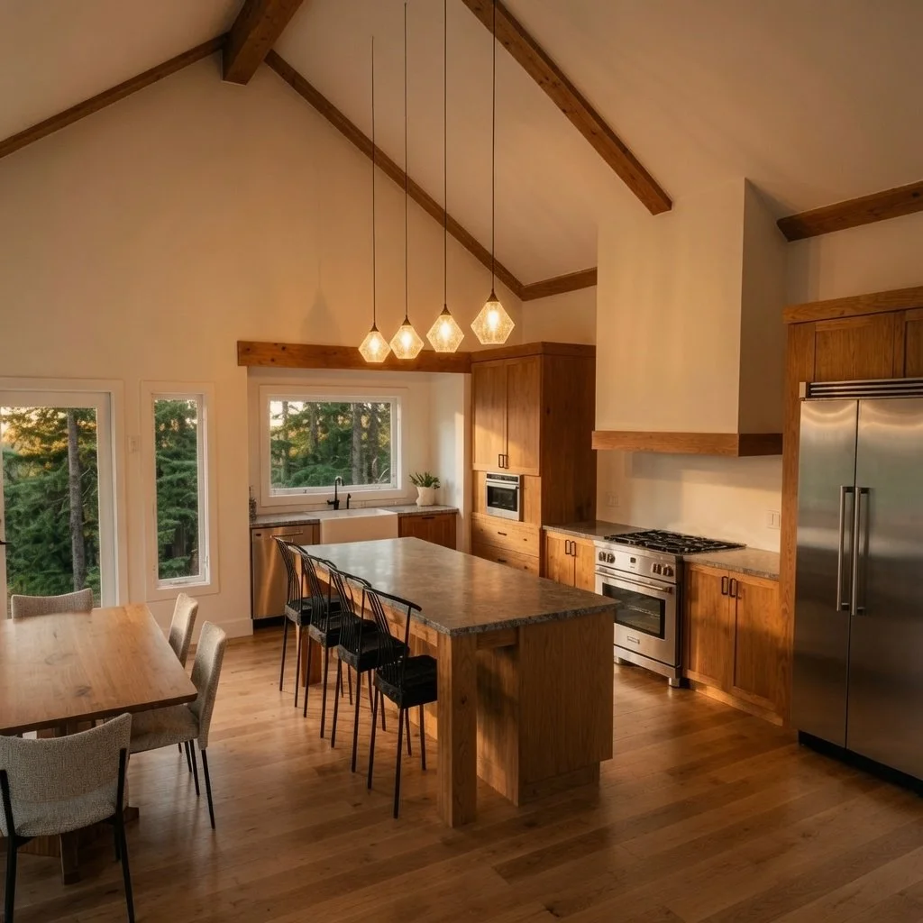 Custom home kitchen with wood island, bar stools and vaulted beam ceiling