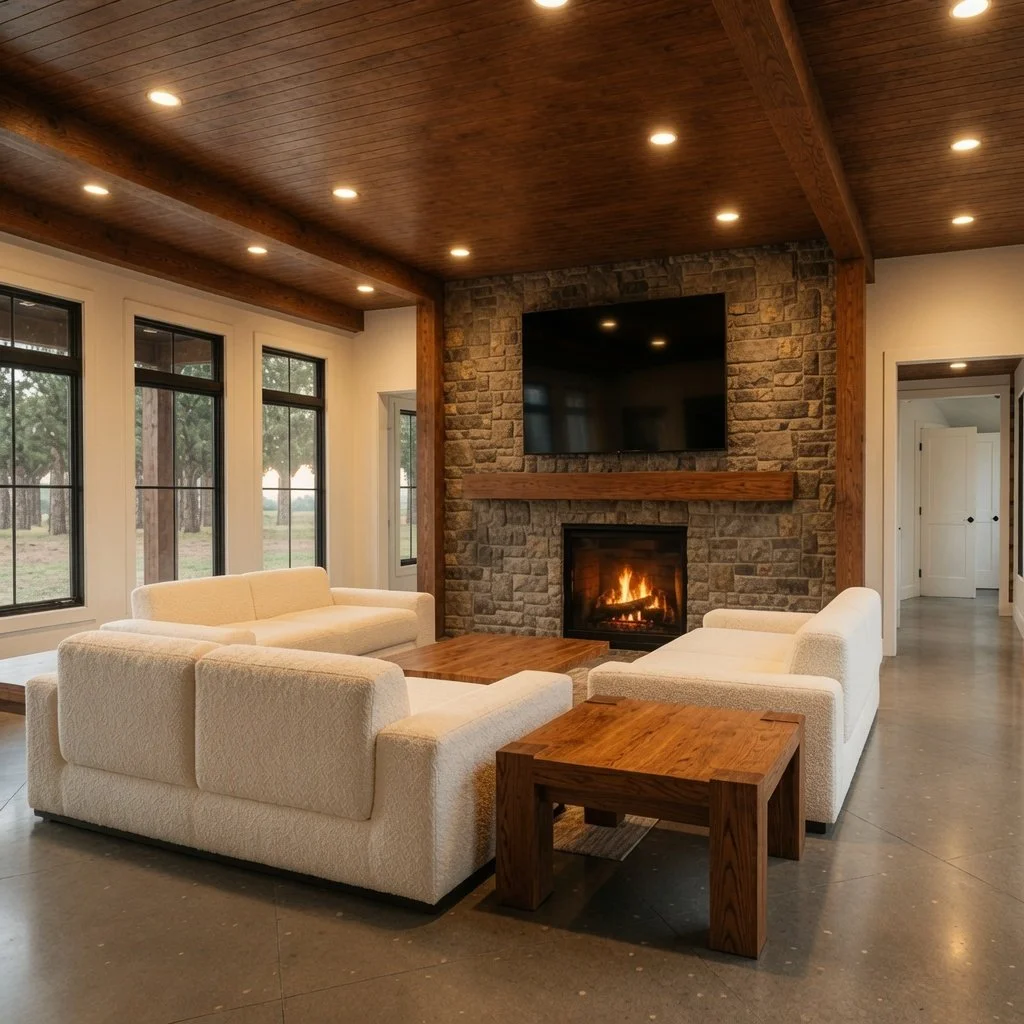 Custom home living room with stone fireplace, mounted TV and wood plank ceiling