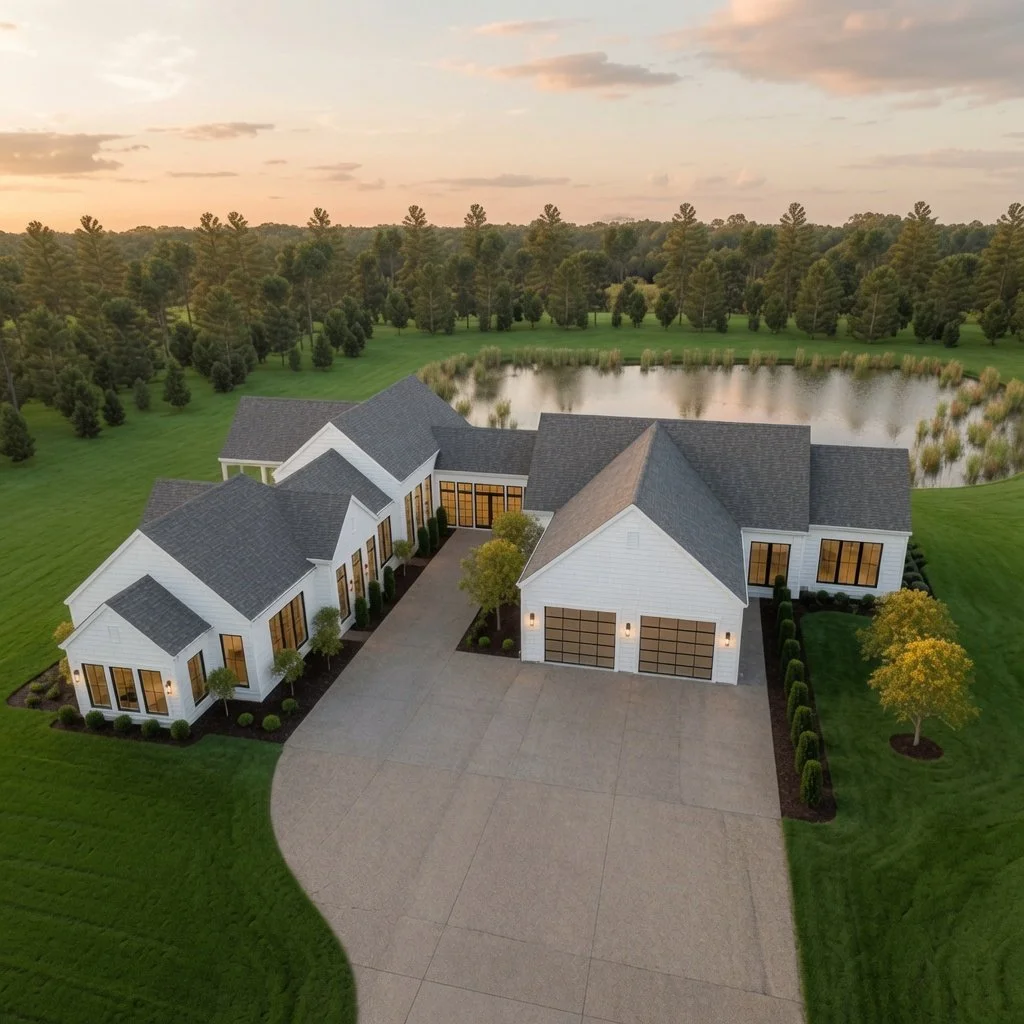 Custom home aerial exterior view at dusk with pond and driveway