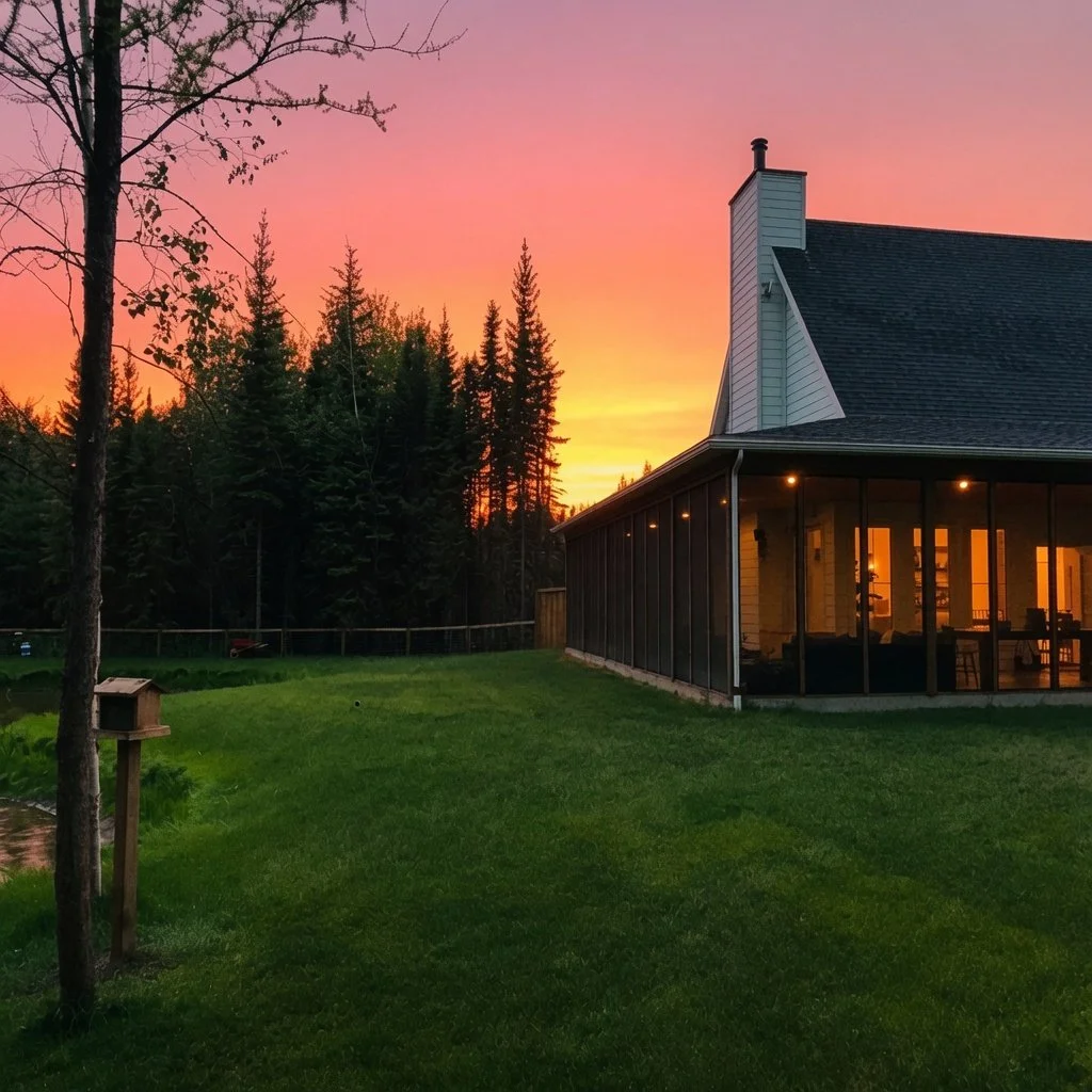 Custom home exterior at dusk with vivid sunset sky and lit windows