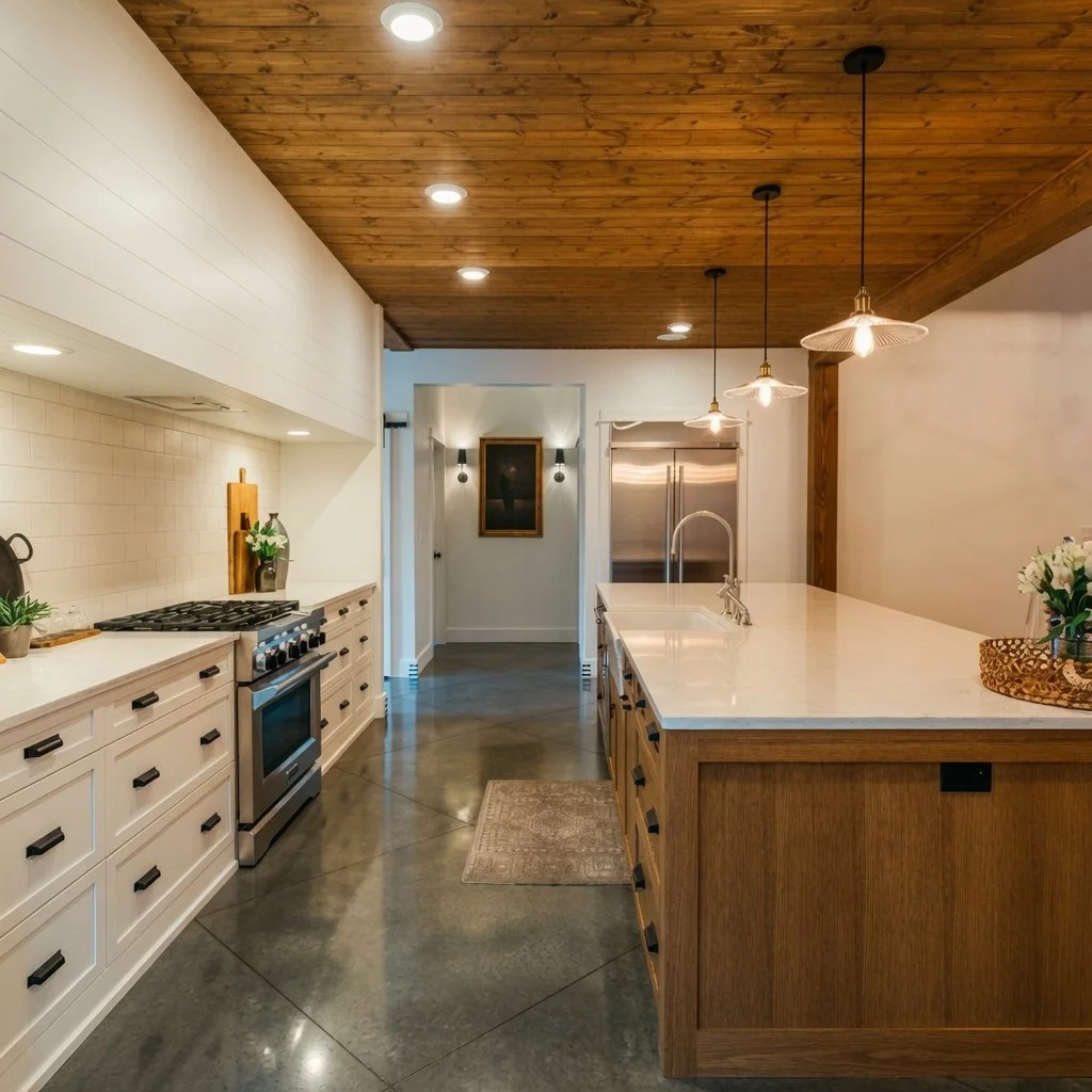 Custom home farmhouse kitchen with white cabinetry, wood plank ceiling and island