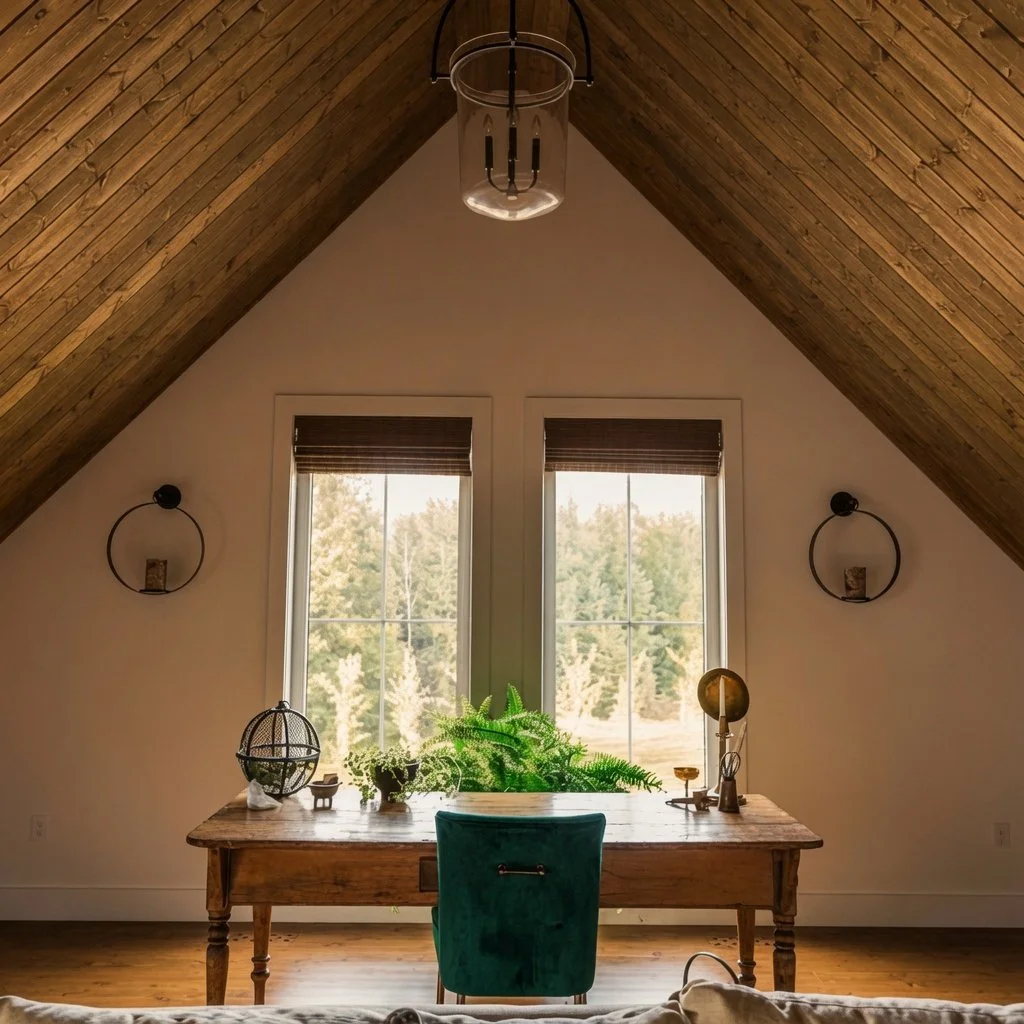 Custom home loft office with wood plank ceiling, desk and windows overlooking trees