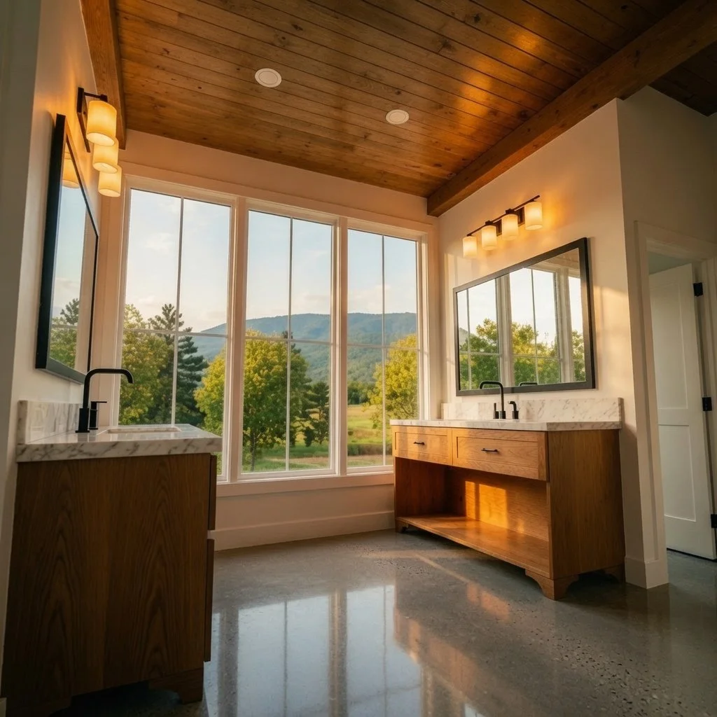 Custom home ensuite with vanity, wood plank ceiling and windows overlooking the hills