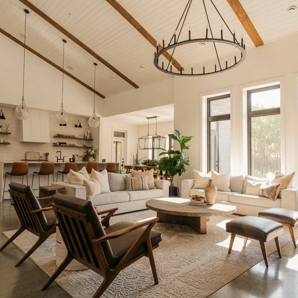 Custom home open great room living area with vaulted wood ceiling and round chandelier