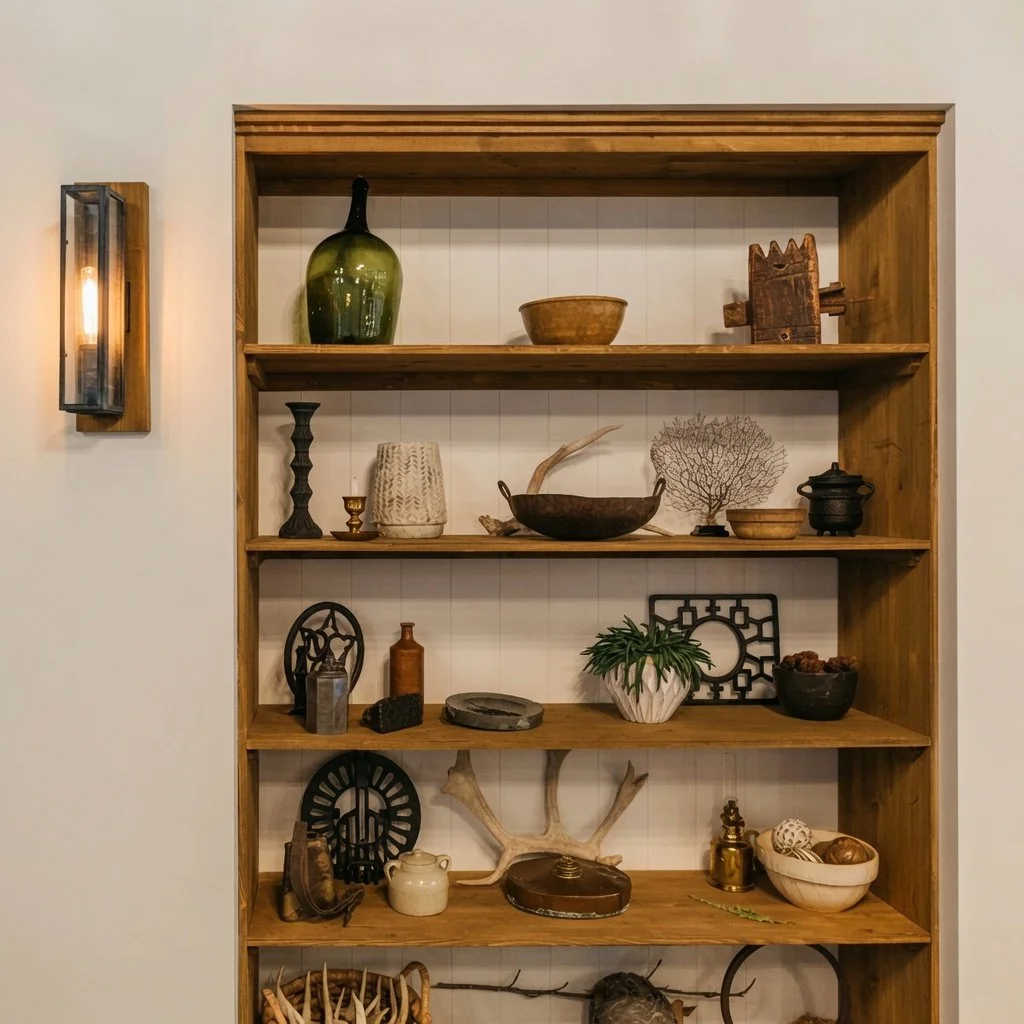 Custom home built-in wood display shelving with farmhouse decor