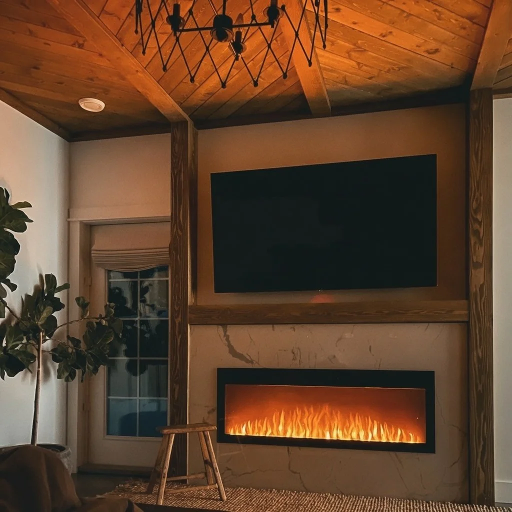 Custom home feature wall with mounted TV above a linear fireplace