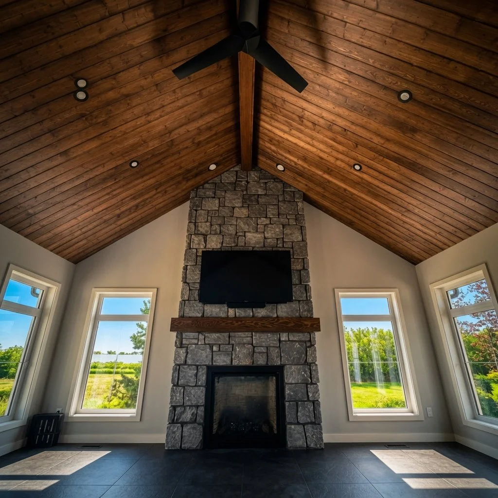Custom home great room with vaulted wood ceiling and floor-to-ceiling stone fireplace
