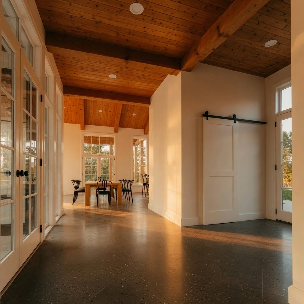 Custom home hallway with wood plank ceiling, barn door and view to dining area