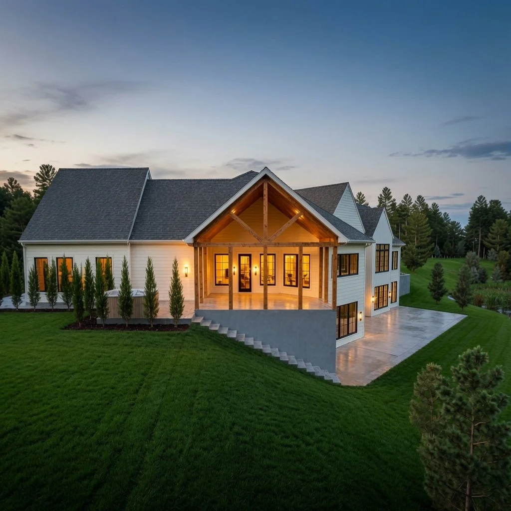 Custom home white farmhouse exterior at dusk with walkout and warm lighting