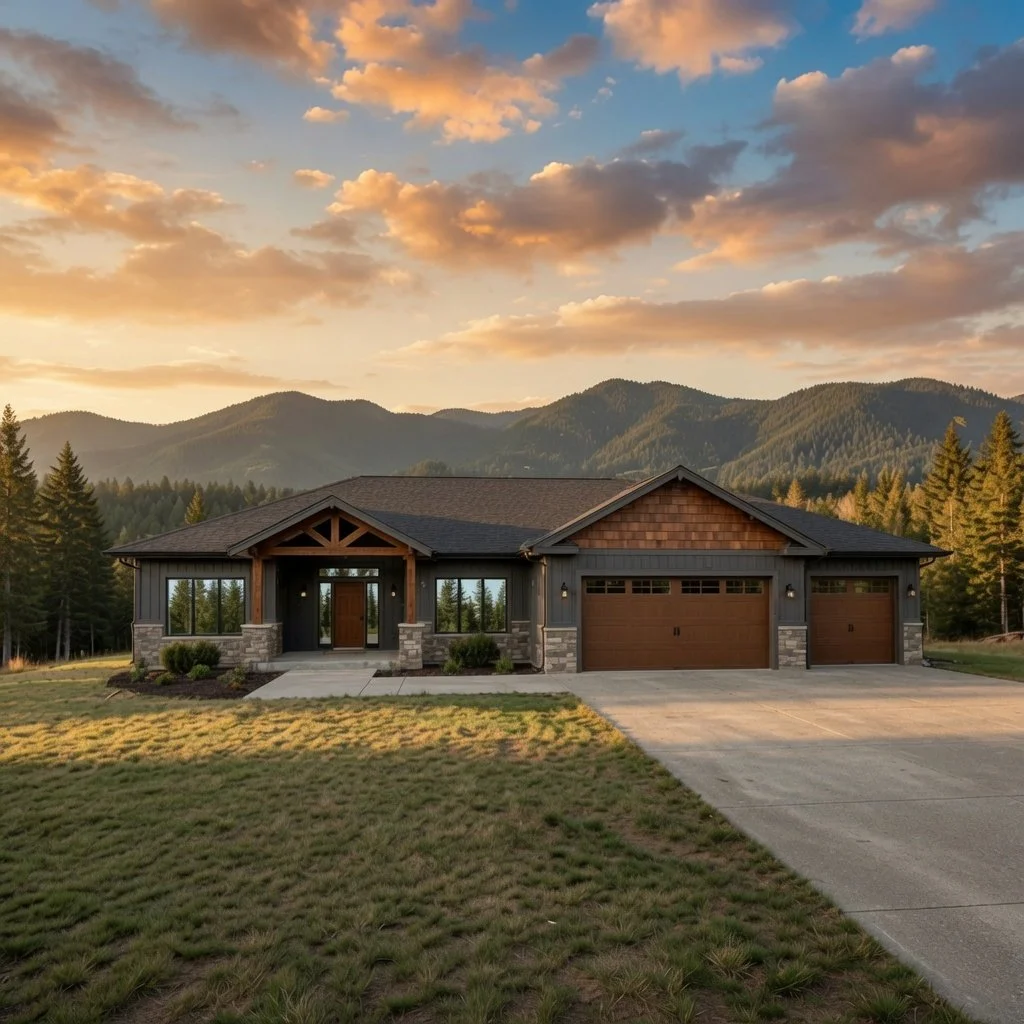Custom home craftsman exterior with attached garage and mountain backdrop