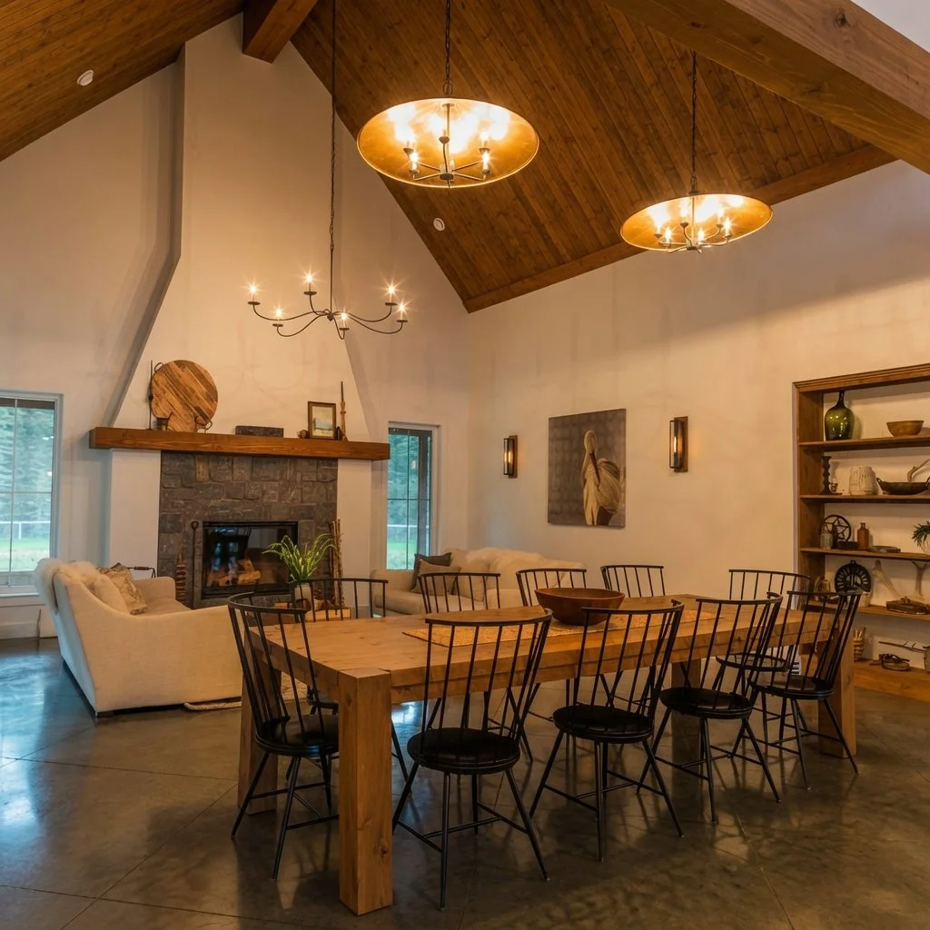 Custom home farmhouse great room with vaulted wood ceiling, stone fireplace and dining area
