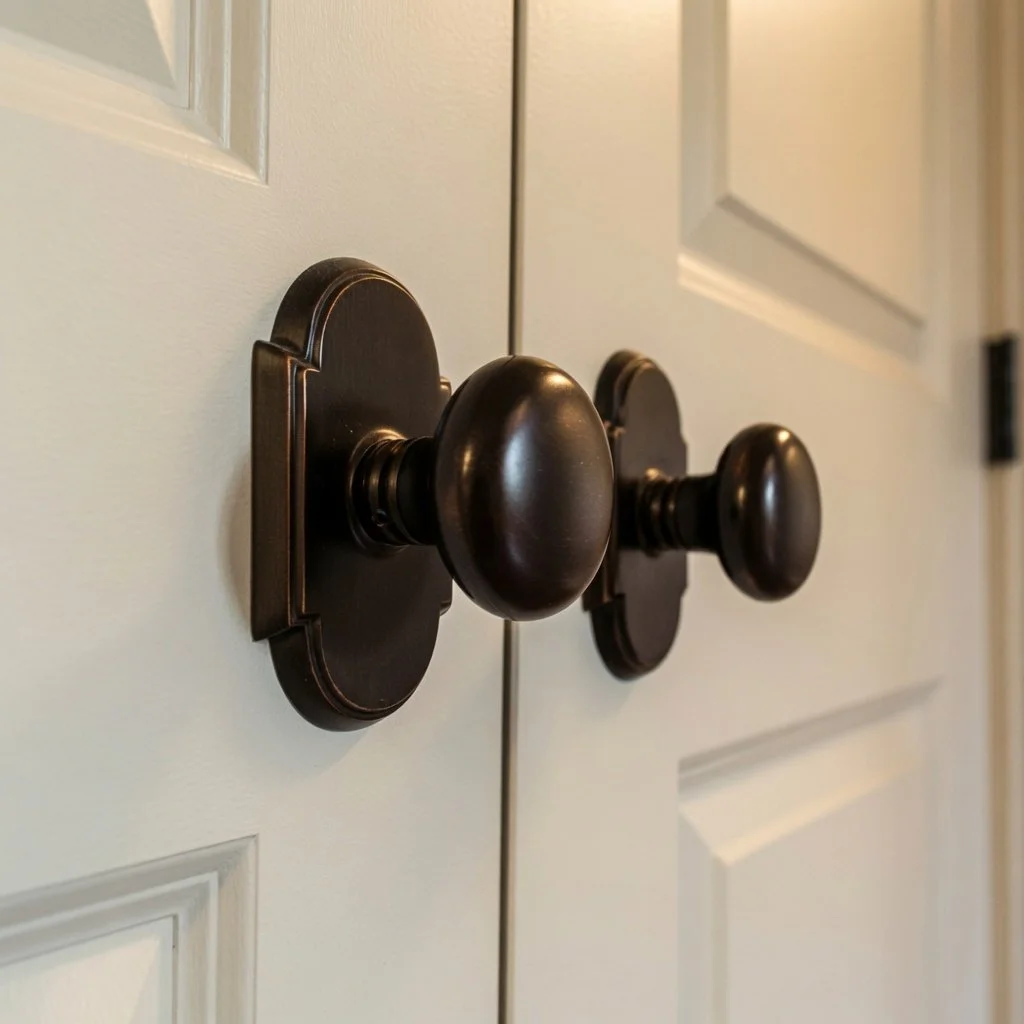 Custom home door hardware detail with oil-rubbed bronze knob