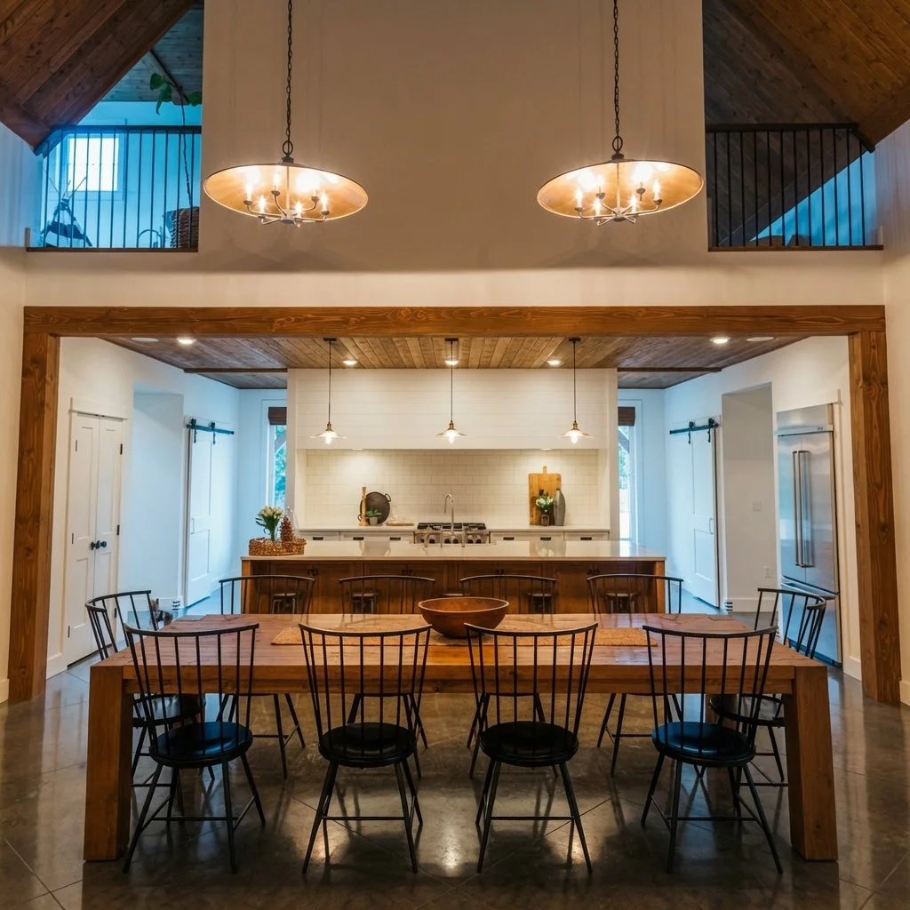 Custom home open farmhouse kitchen and dining area with island seating and pendant lights
