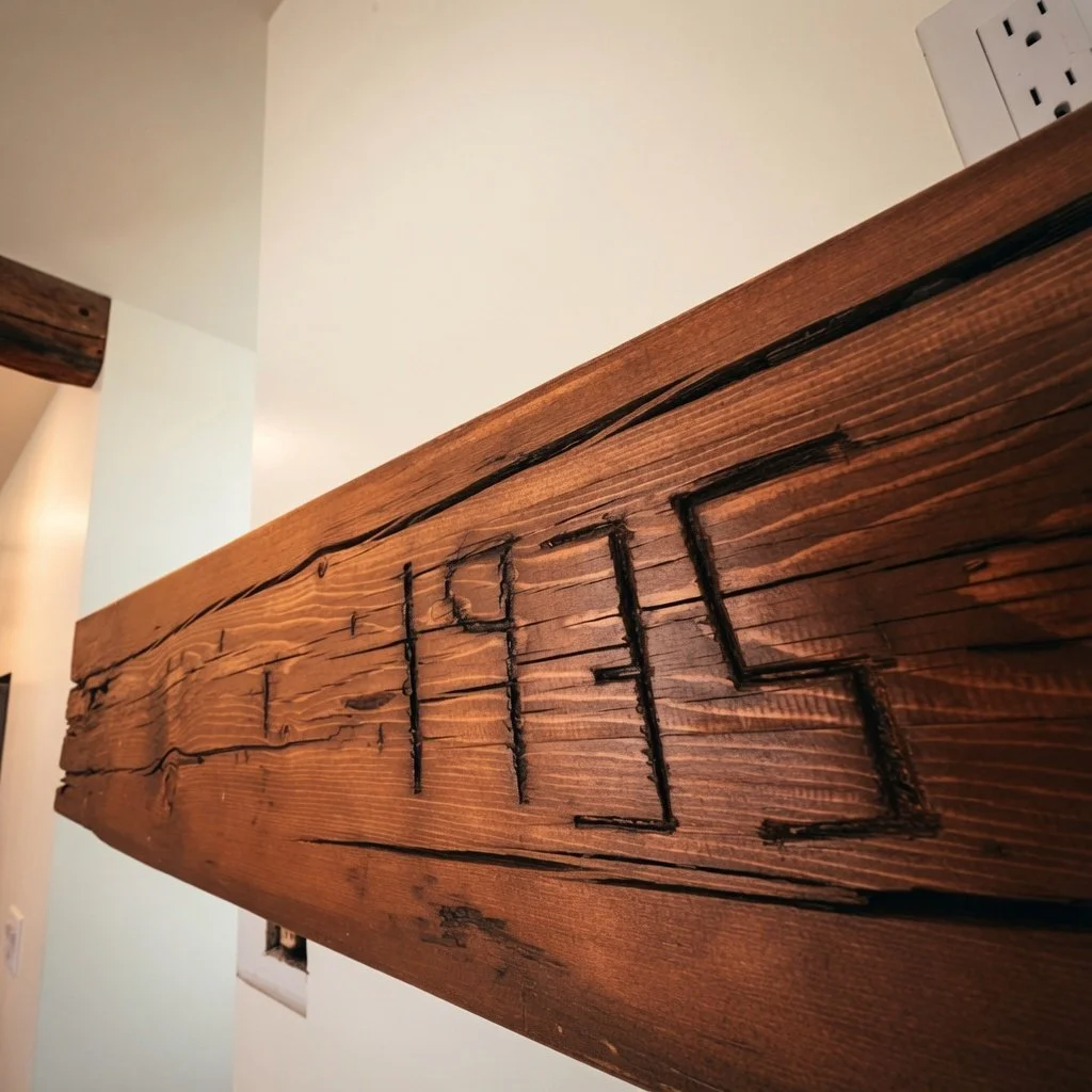 Custom home reclaimed wood mantel beam detail