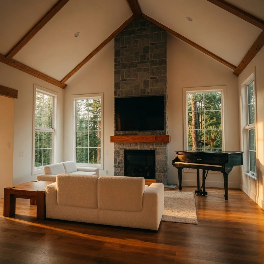 Custom home living room with vaulted beam ceiling, stone fireplace and grand piano