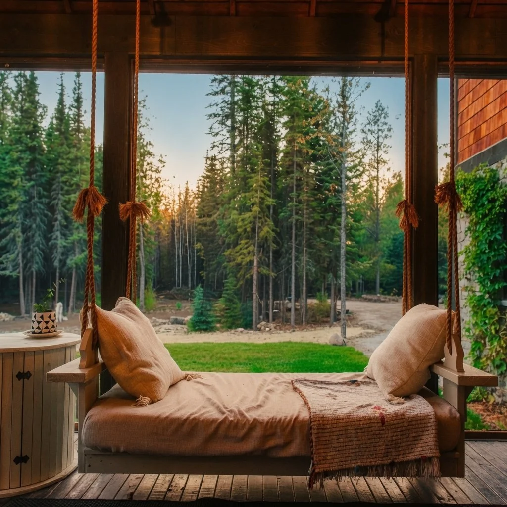 Custom home covered porch with hanging daybed overlooking the forest