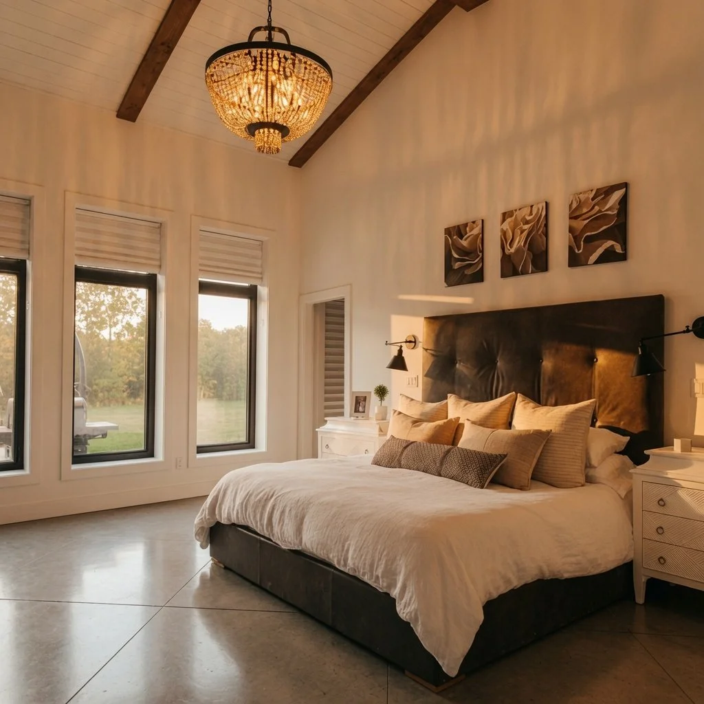 Custom home primary bedroom with vaulted ceiling, chandelier and upholstered bed