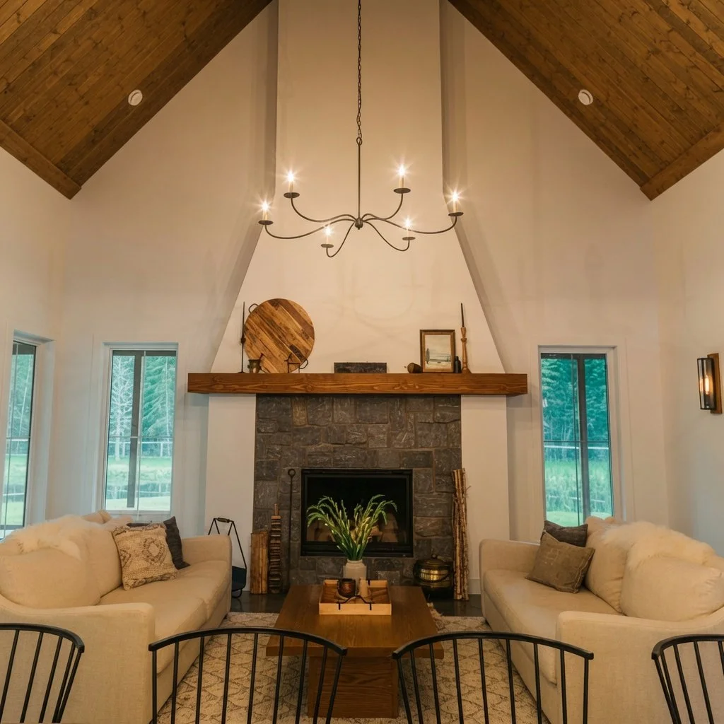 Custom home vaulted great room with wood ceiling, stone fireplace and chandelier
