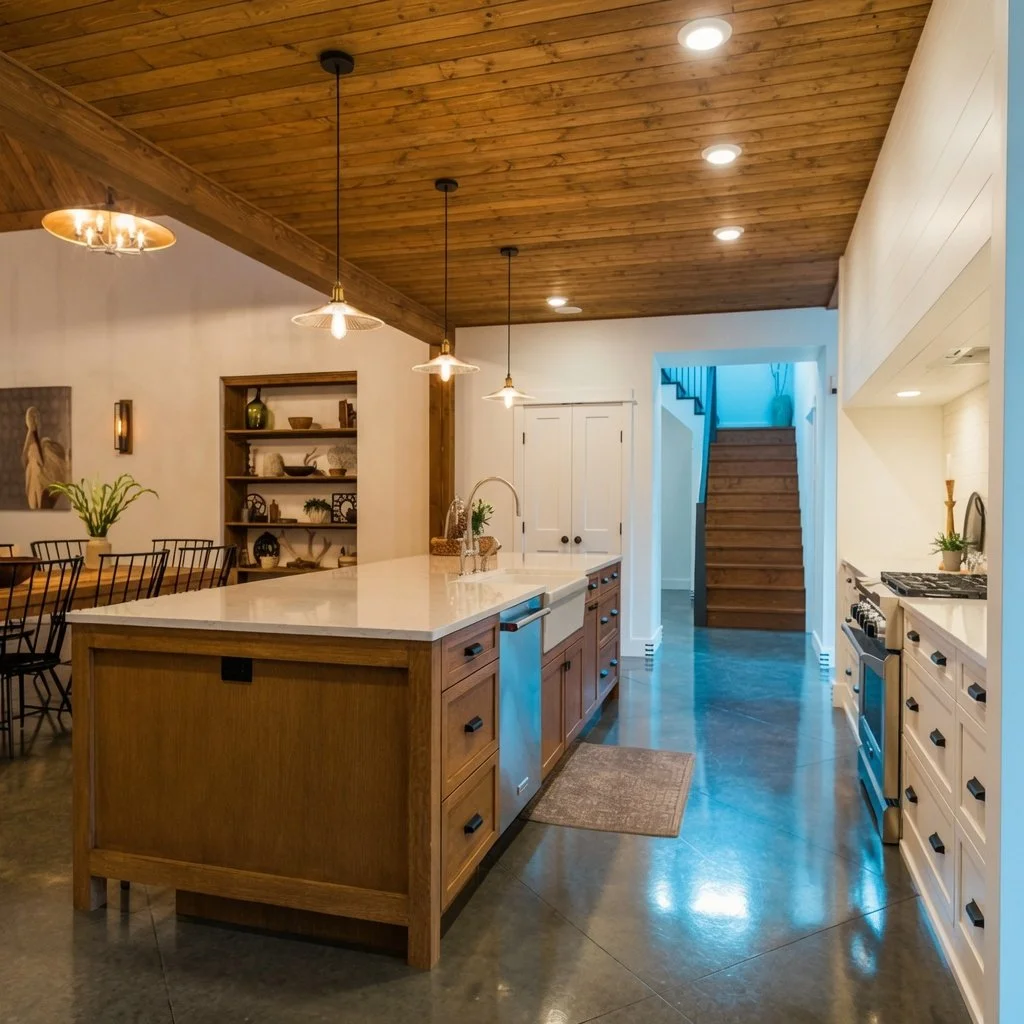 Custom home open-concept kitchen with wood island and plank ceiling