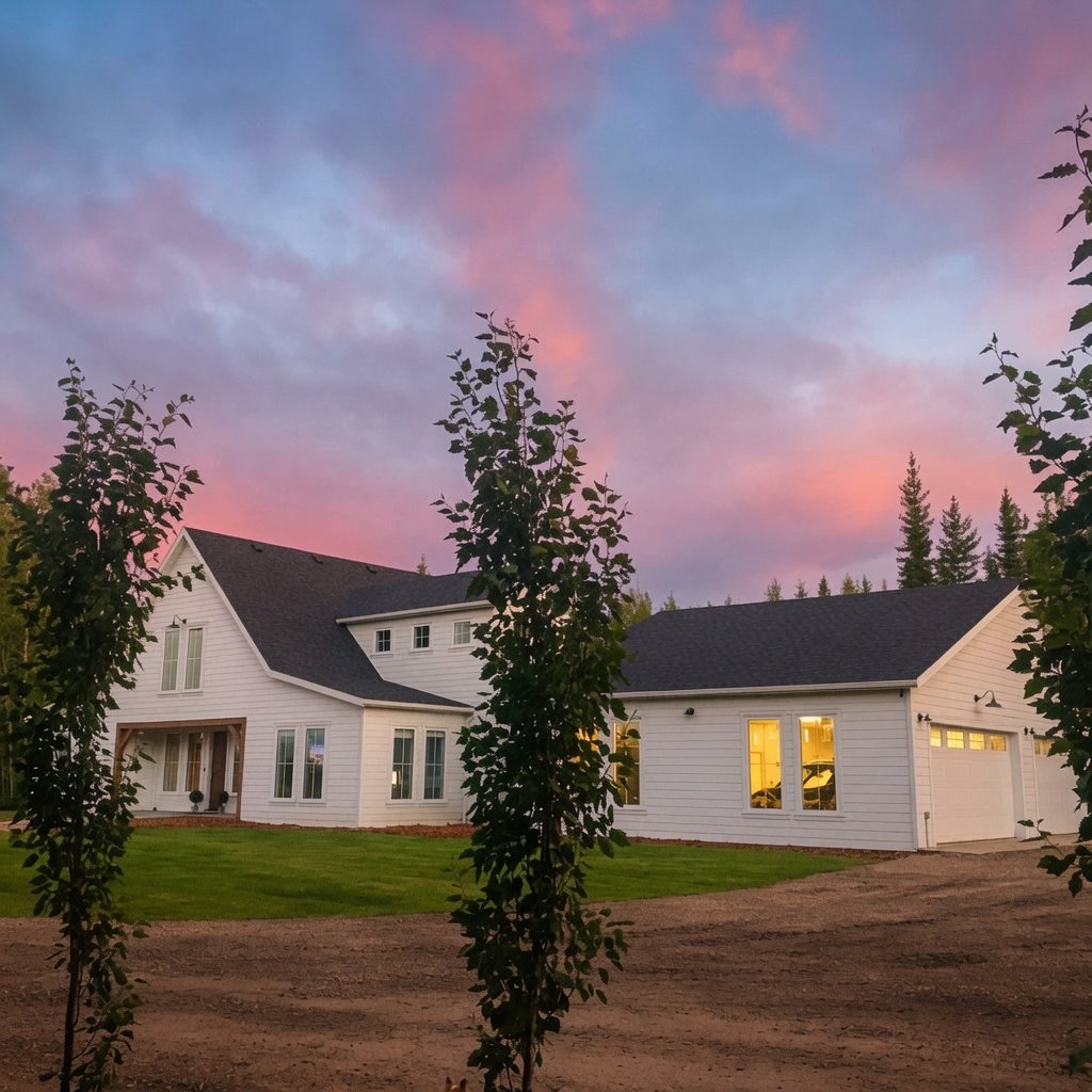 Custom home white farmhouse exterior at twilight with lit windows