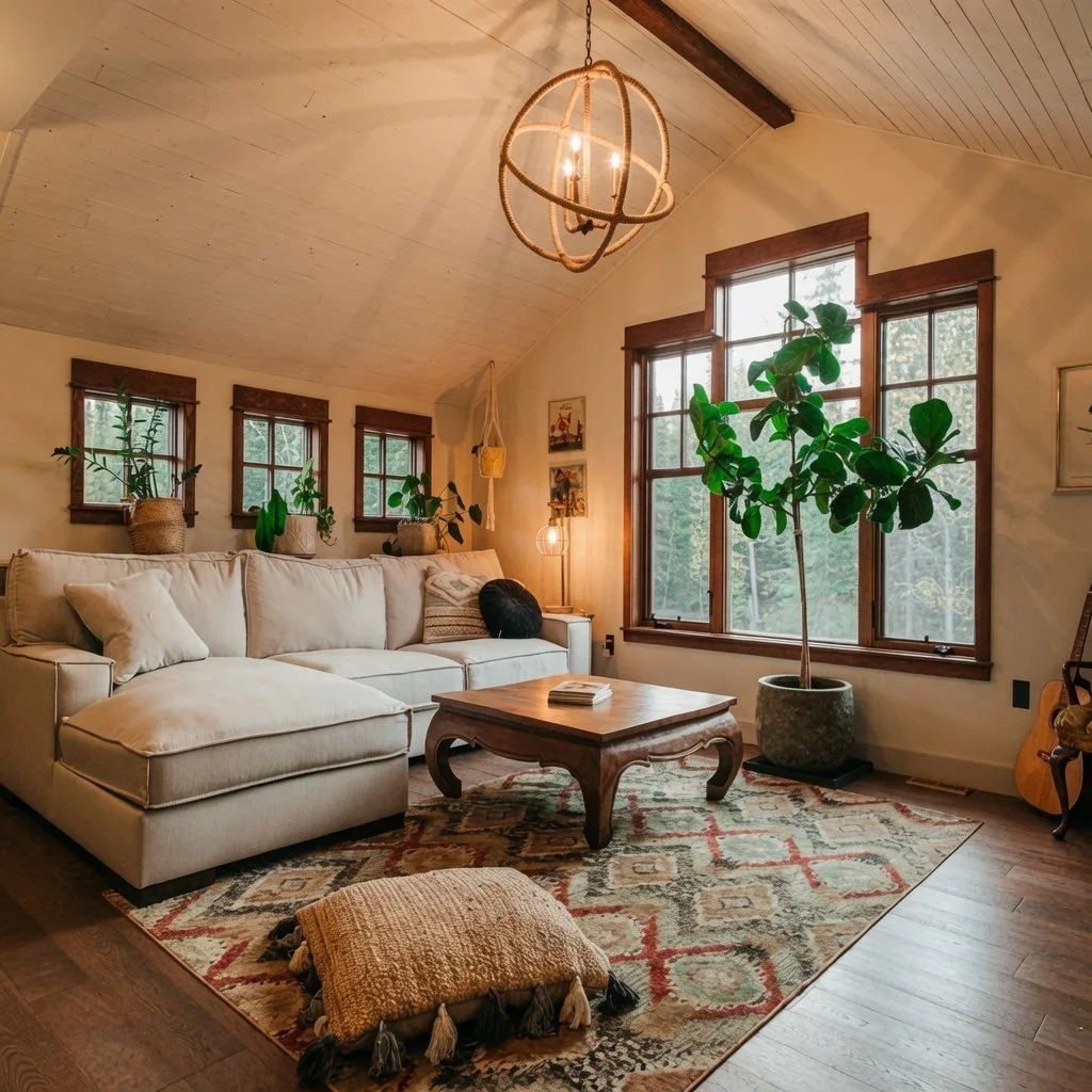 Custom home bonus room living area with sectional sofa and globe chandelier