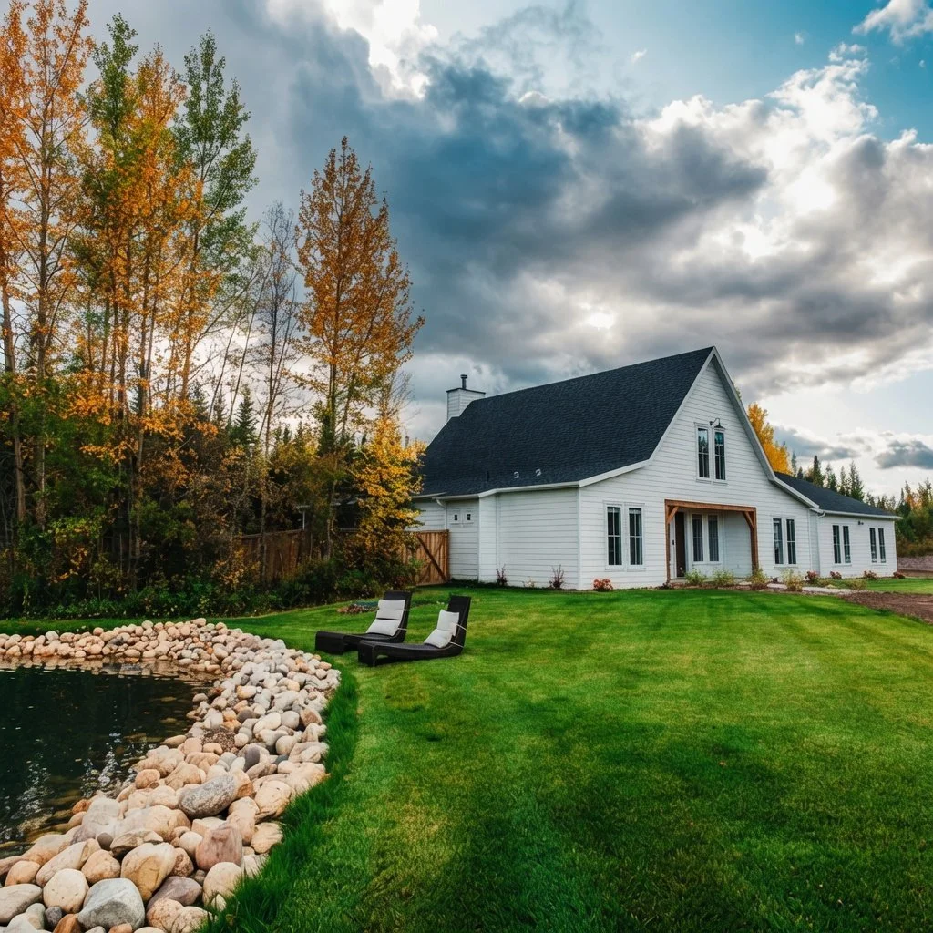 Custom home white farmhouse exterior with pond and autumn landscaping