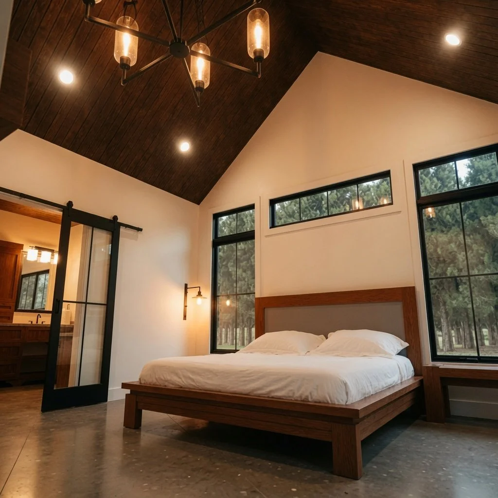 Custom home primary bedroom with dark vaulted plank ceiling and glass barn doors
