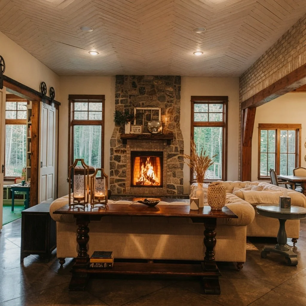 Custom home great room with stone fireplace and wood plank ceiling
