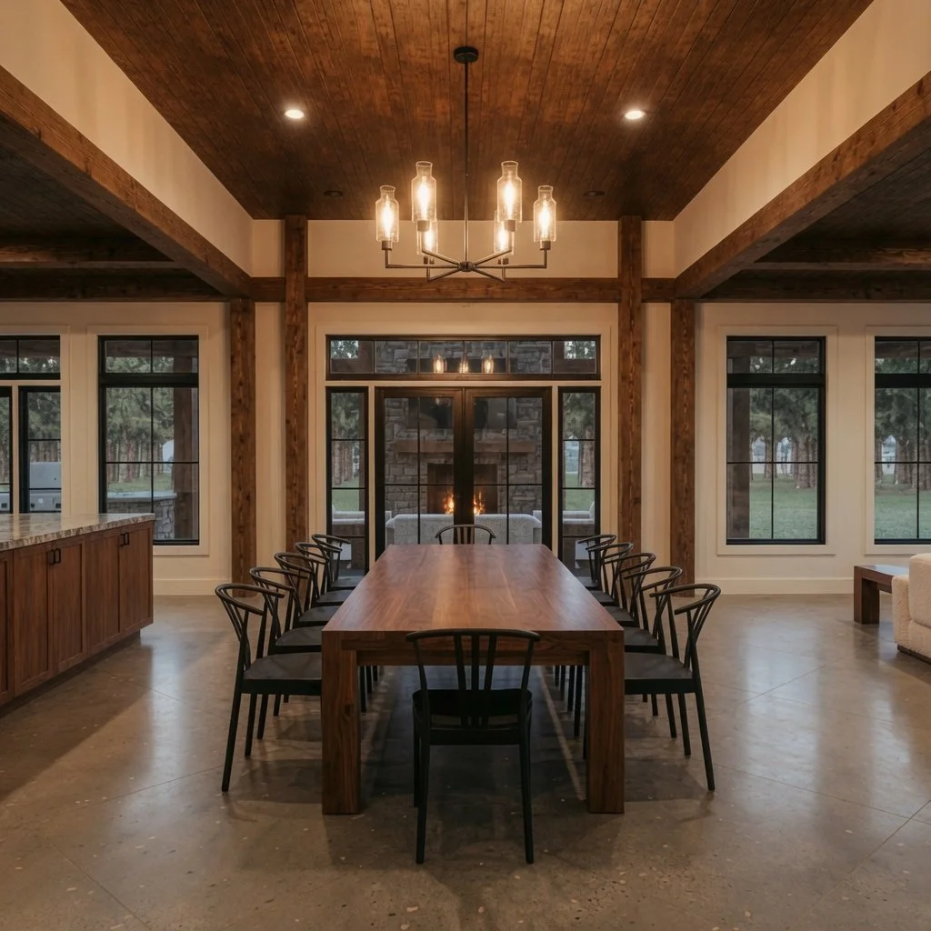 Custom home dining room with long wood table, chandelier and coffered wood ceiling
