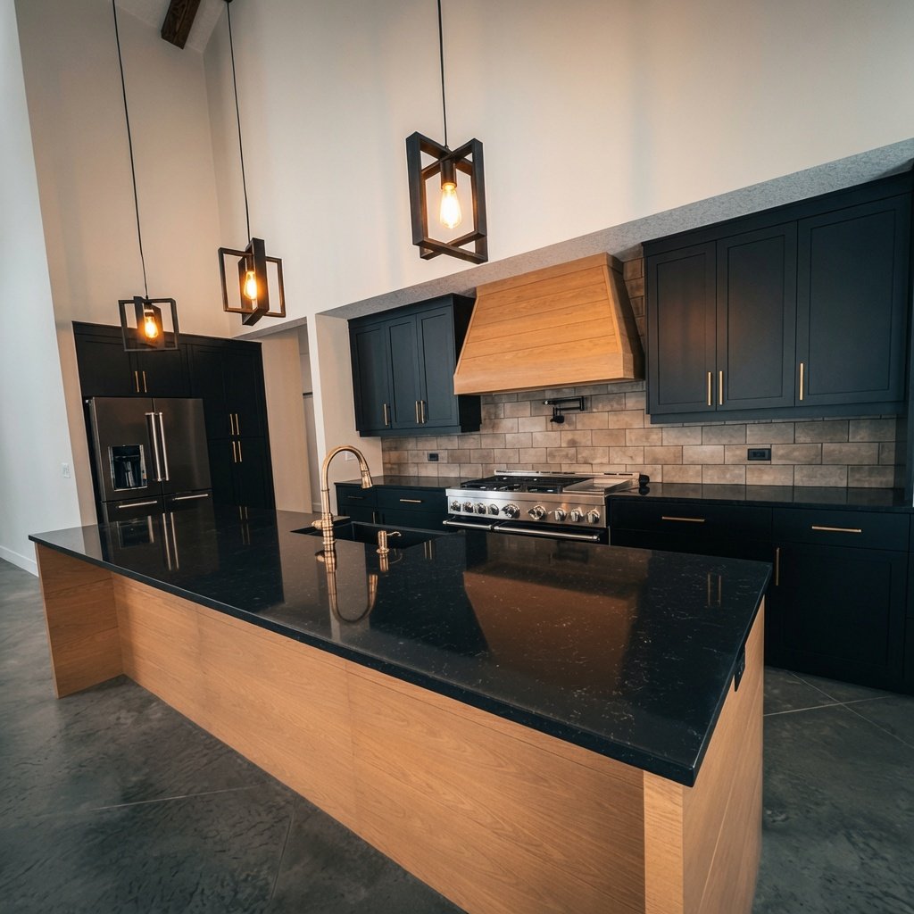 Custom home kitchen with black shaker cabinetry, wood-toned island and pendant lighting