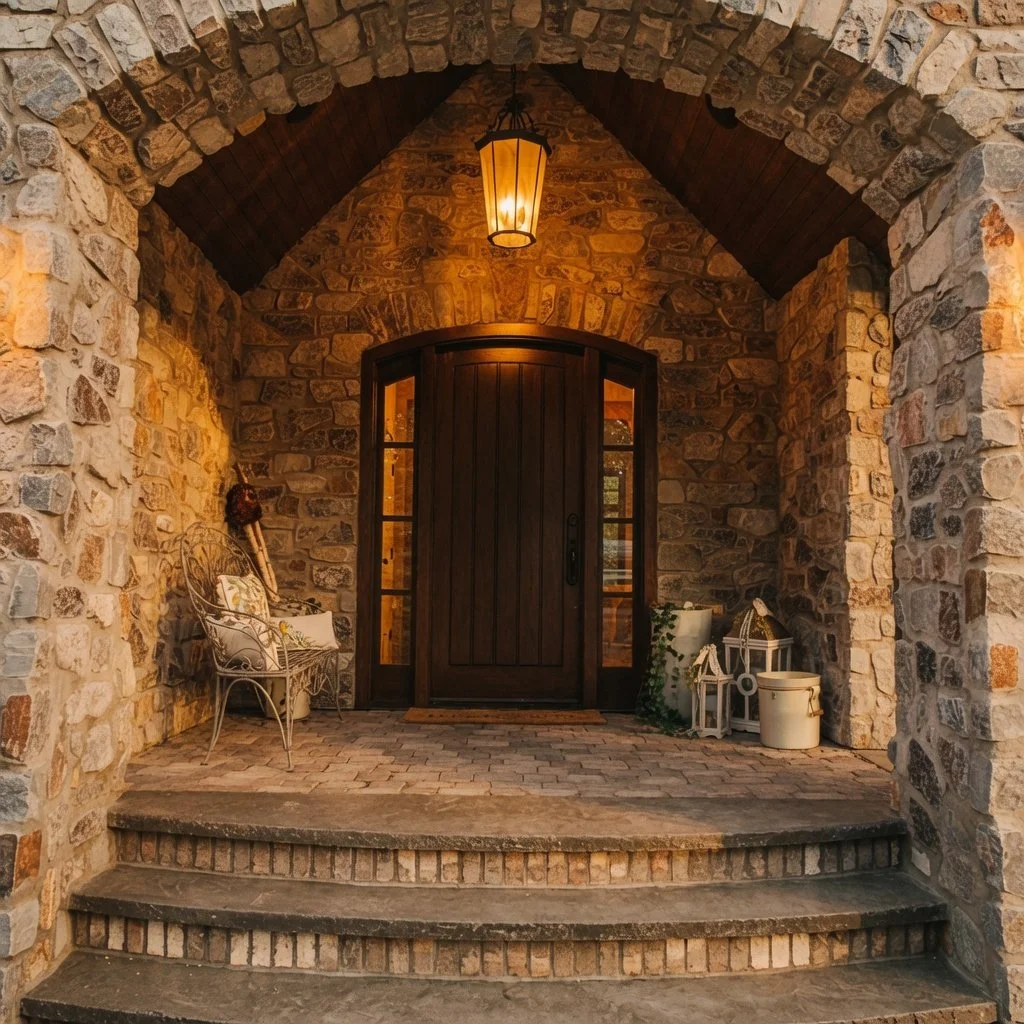 Custom home stone arch front entrance with wooden door
