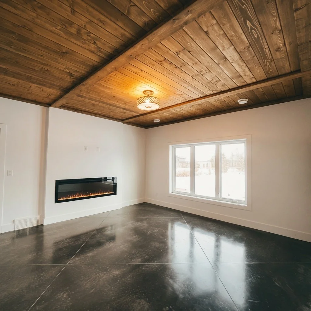 Custom home room with decorative polished concrete floor, wood plank ceiling and linear fireplace