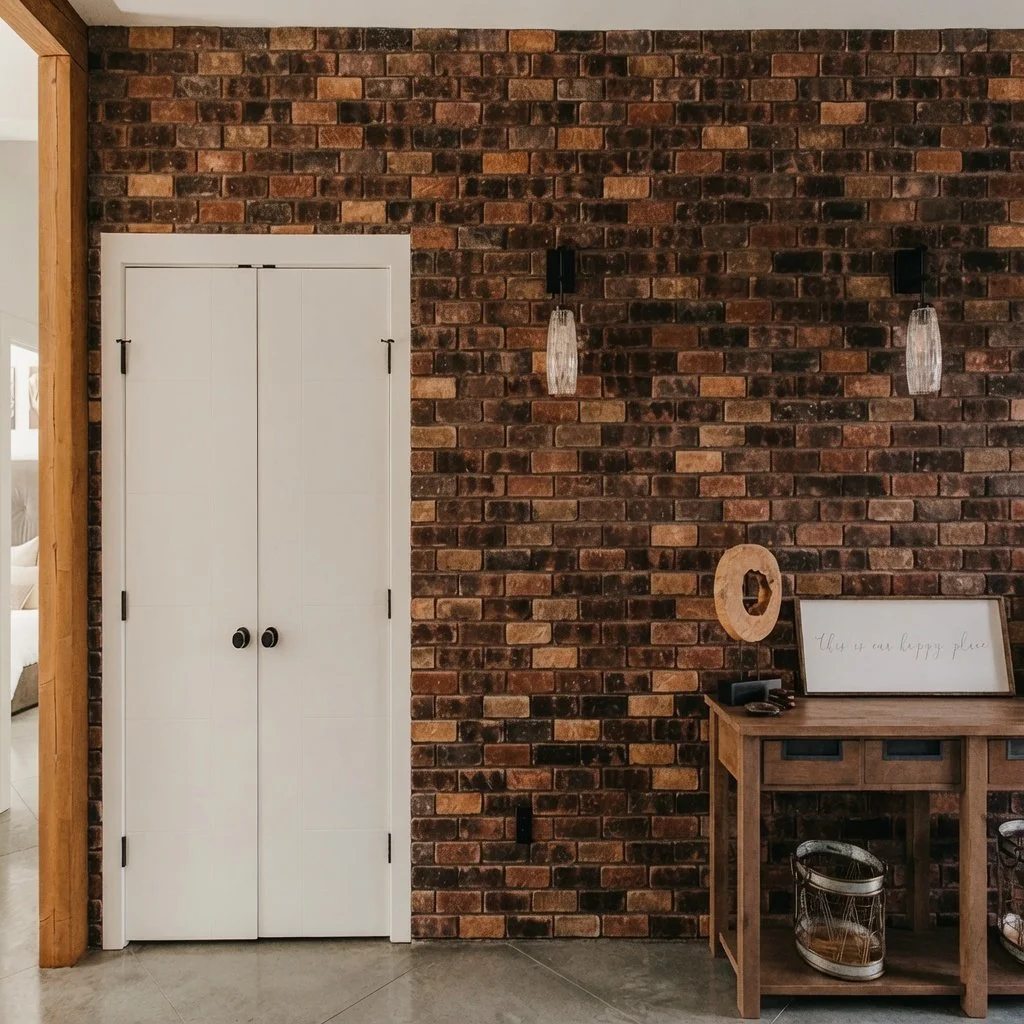 Custom home entry with exposed brick wall and white double doors