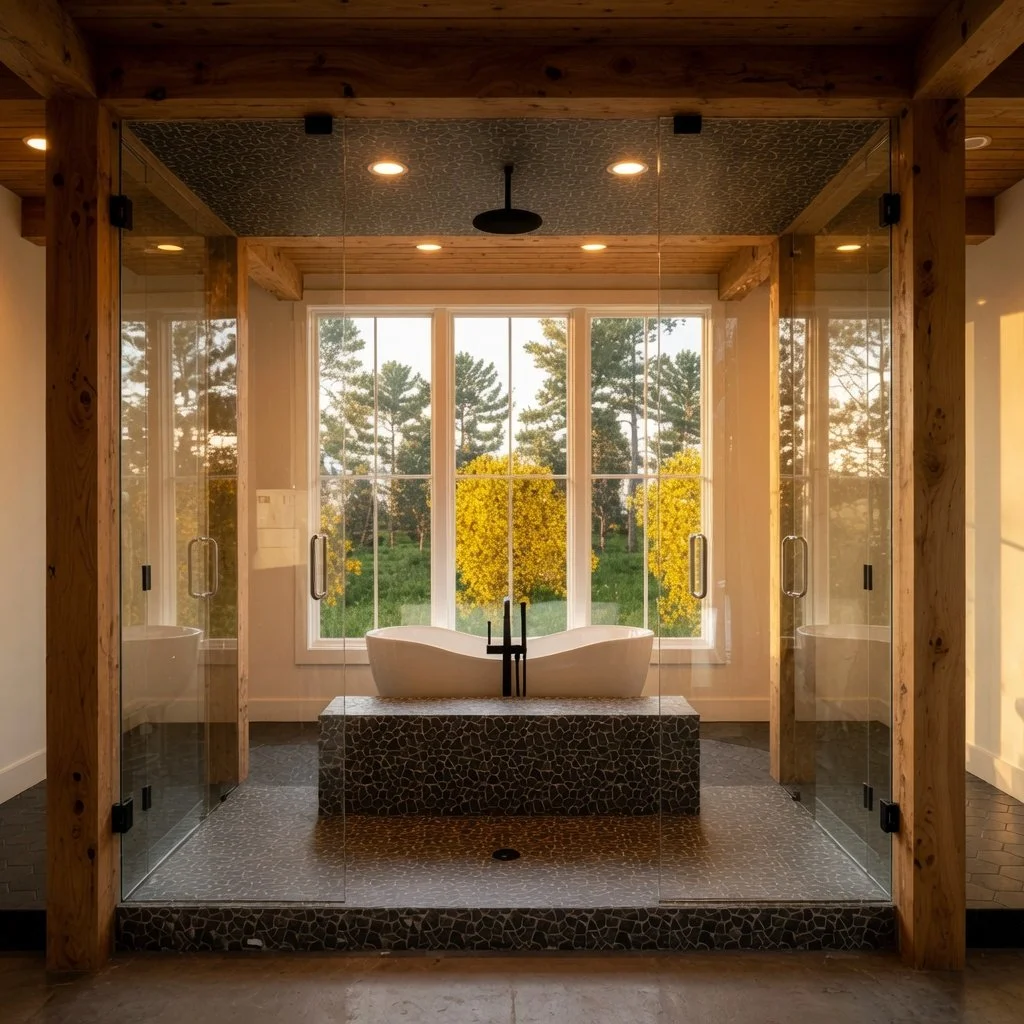 Custom home ensuite with glass wet-room and floor-to-ceiling windows