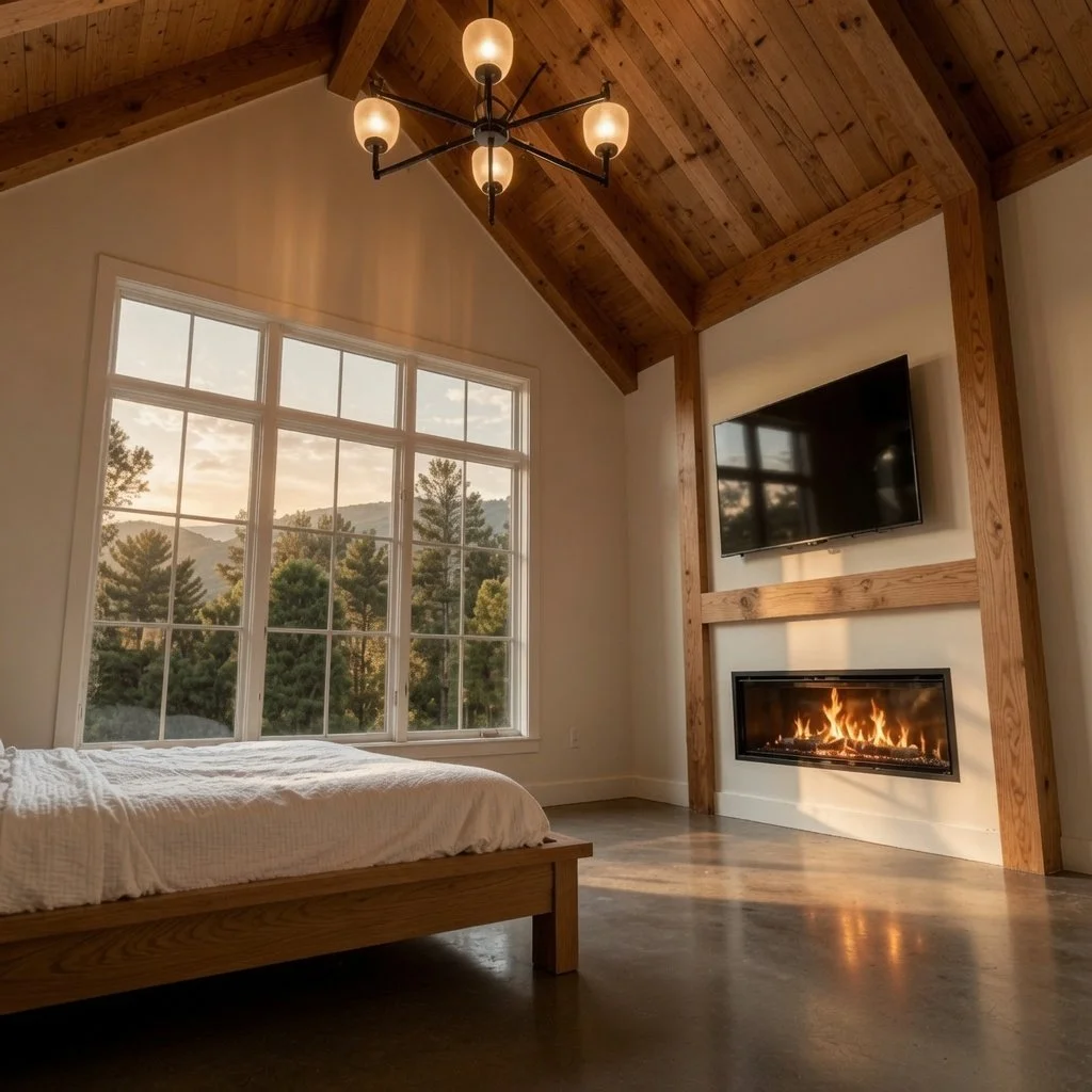 Custom home primary bedroom with vaulted wood ceiling, chandelier and linear fireplace