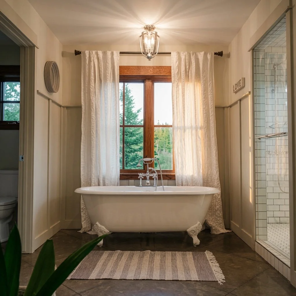 Custom home bathroom with freestanding clawfoot tub beneath a window